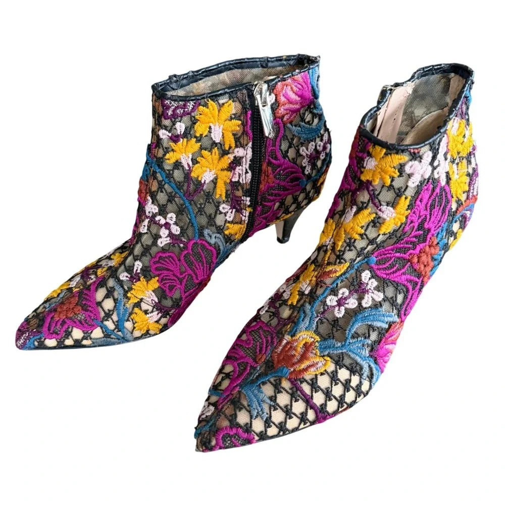 Sam Edelman Floral Embroidered Mesh Kitten Heel Ankle Boots Multi Color Size 6.5